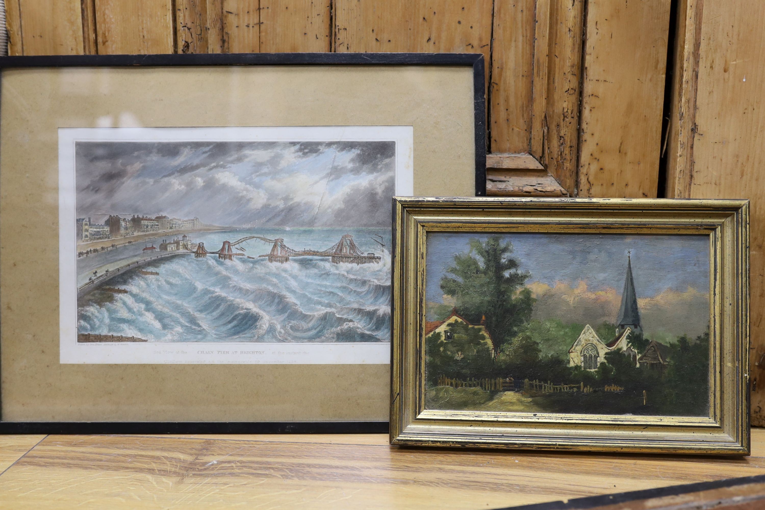 English School c.1900, oil on canvas, Primitive view of Deal, 20 x 25cm, a small oil of a country church and four assorted prints